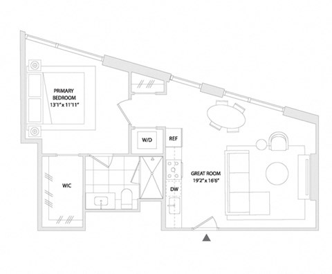 Floor plan for 1 bed, 1 bath, 710 sqft